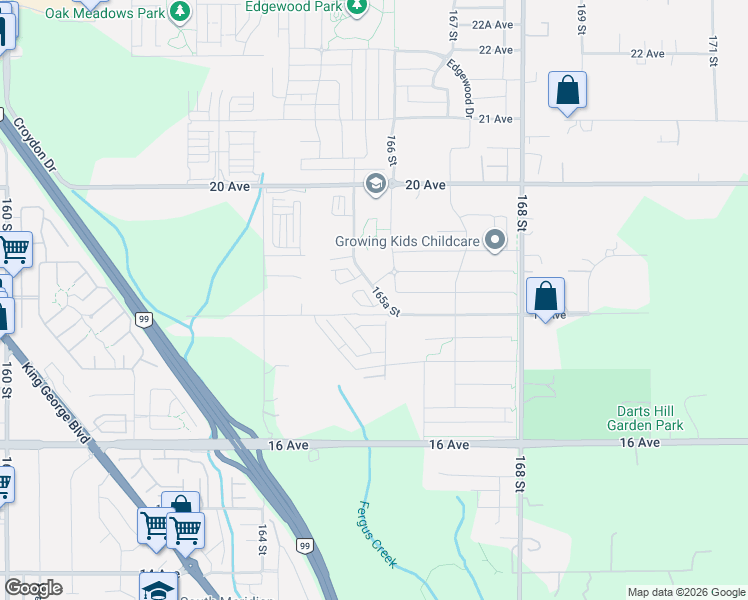 map of restaurants, bars, coffee shops, grocery stores, and more near 1833 165A Street in Surrey