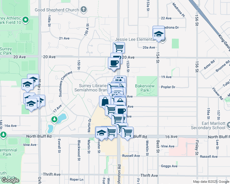 map of restaurants, bars, coffee shops, grocery stores, and more near 1815 152 Street in Surrey