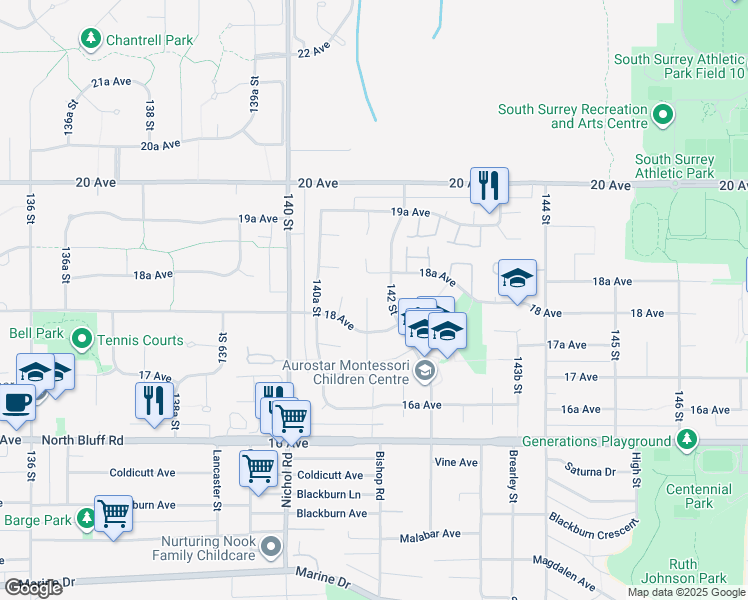 map of restaurants, bars, coffee shops, grocery stores, and more near 1814 141A Street in Surrey
