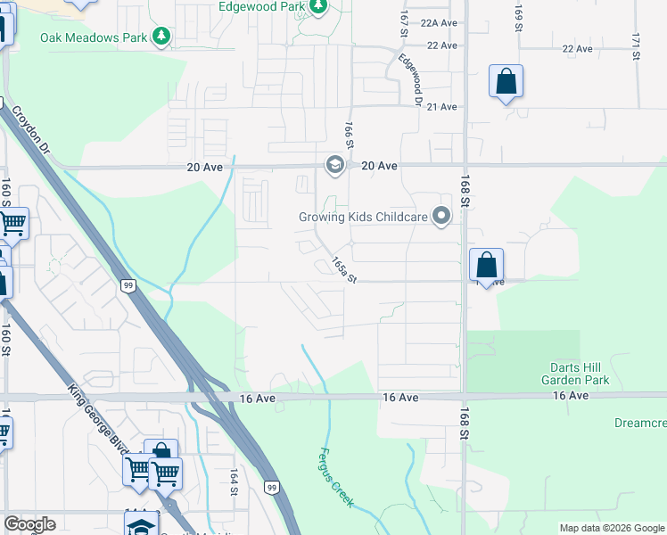 map of restaurants, bars, coffee shops, grocery stores, and more near 1833 165A Street in Surrey