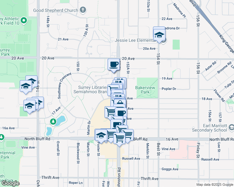 map of restaurants, bars, coffee shops, grocery stores, and more near 1815 152 Street in Surrey