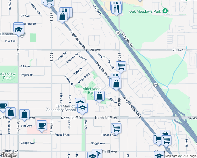 map of restaurants, bars, coffee shops, grocery stores, and more near 1917 Lilac Drive in Surrey