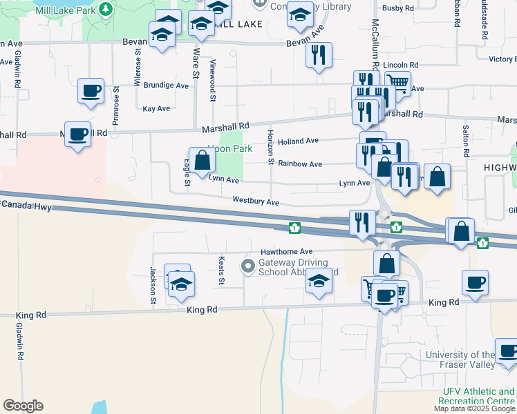 map of restaurants, bars, coffee shops, grocery stores, and more near 33330 Westbury Avenue in Abbotsford