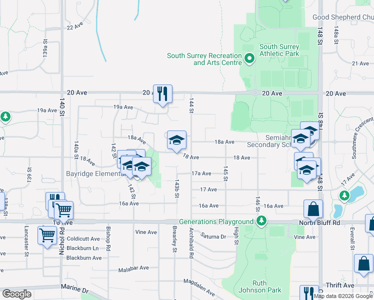 map of restaurants, bars, coffee shops, grocery stores, and more near 1825 144 Street in Surrey