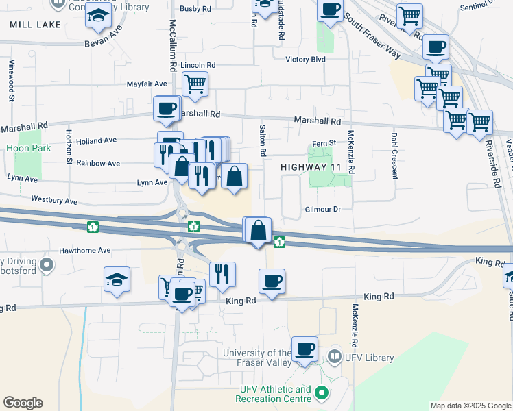 map of restaurants, bars, coffee shops, grocery stores, and more near 1811 Salton Road in Abbotsford