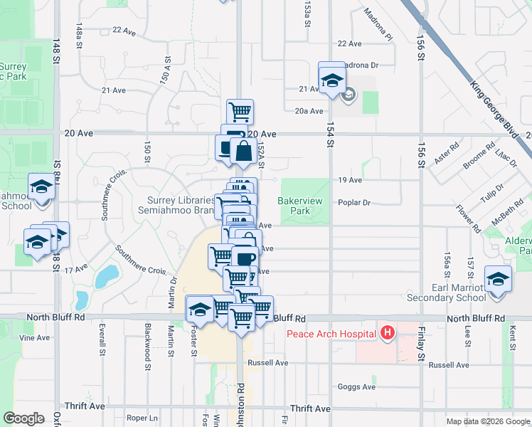 map of restaurants, bars, coffee shops, grocery stores, and more near in Surrey