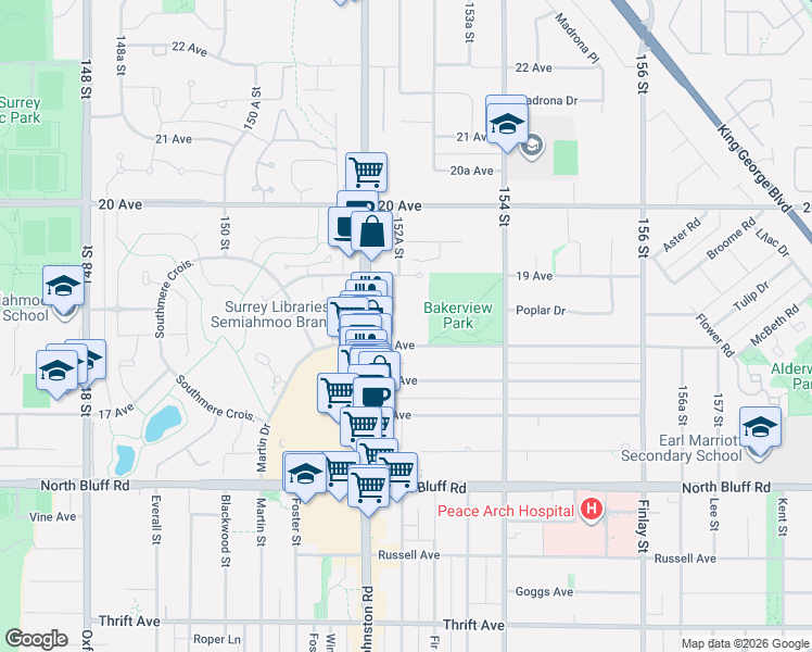 map of restaurants, bars, coffee shops, grocery stores, and more near 15255 18 Avenue in Surrey