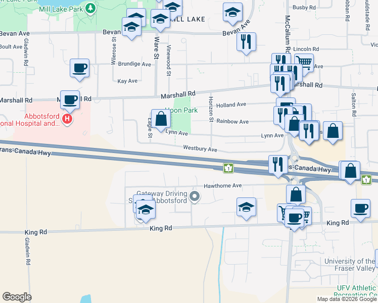 map of restaurants, bars, coffee shops, grocery stores, and more near 33294 Westbury Avenue in Abbotsford