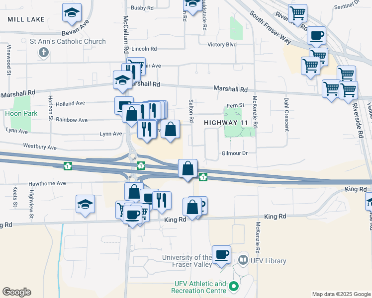 map of restaurants, bars, coffee shops, grocery stores, and more near 1790 Salton Road in Abbotsford