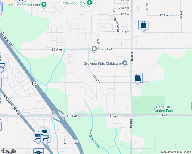 map of restaurants, bars, coffee shops, grocery stores, and more near 1830 165A Street in Surrey