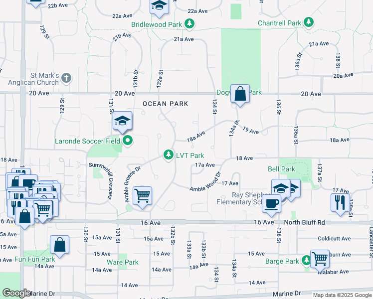 map of restaurants, bars, coffee shops, grocery stores, and more near 1833 133A Street in Surrey