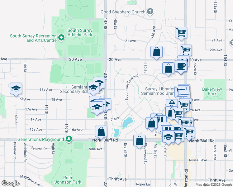 map of restaurants, bars, coffee shops, grocery stores, and more near 1838 148A Street in Surrey