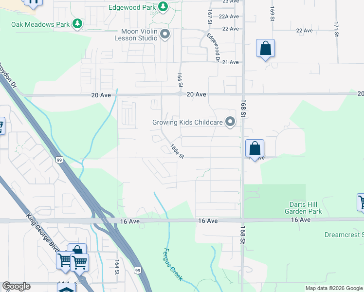map of restaurants, bars, coffee shops, grocery stores, and more near 18A Avenue in Surrey