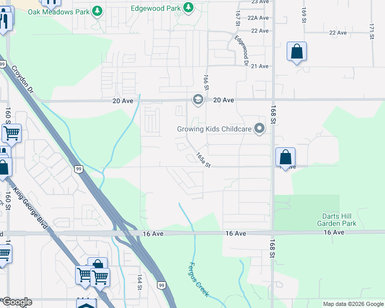 map of restaurants, bars, coffee shops, grocery stores, and more near 16515 18 Avenue in Surrey