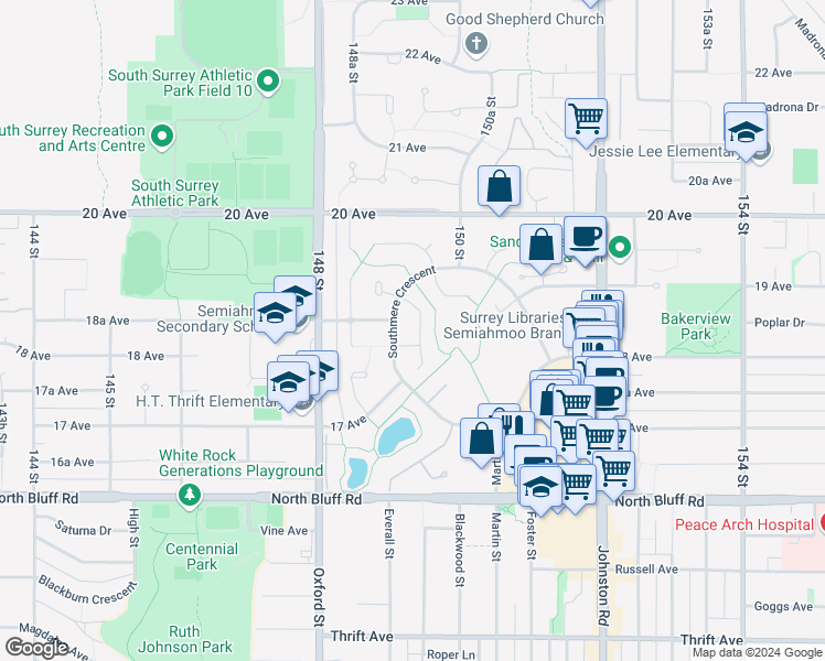 map of restaurants, bars, coffee shops, grocery stores, and more near 1838 Southmere Crescent in Surrey