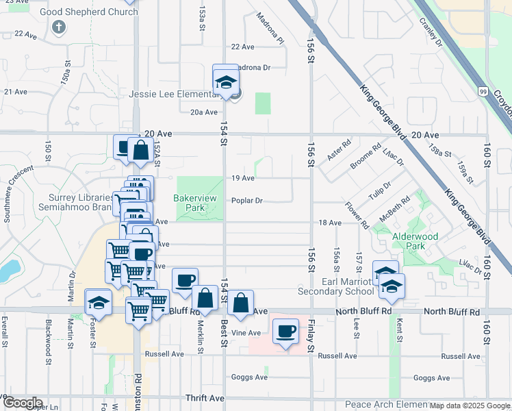 map of restaurants, bars, coffee shops, grocery stores, and more near 15476 Poplar Drive in Surrey