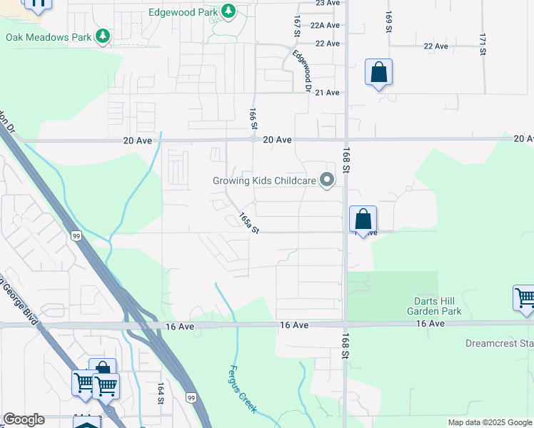 map of restaurants, bars, coffee shops, grocery stores, and more near 16633 18A Avenue in Surrey