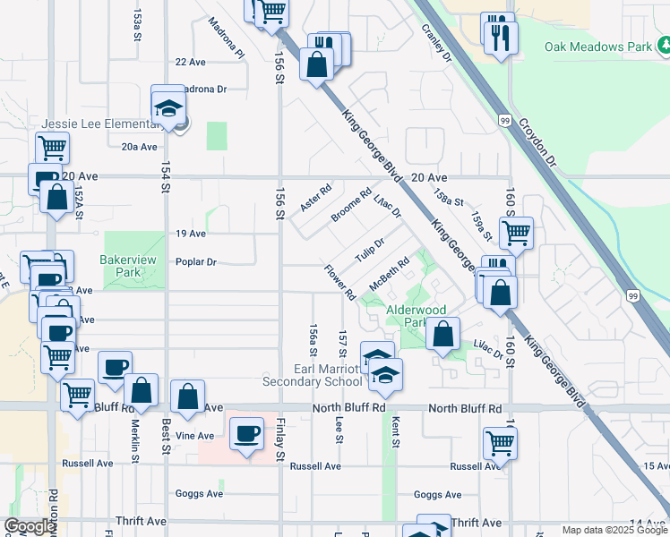 map of restaurants, bars, coffee shops, grocery stores, and more near 15705 Tulip Drive in Surrey