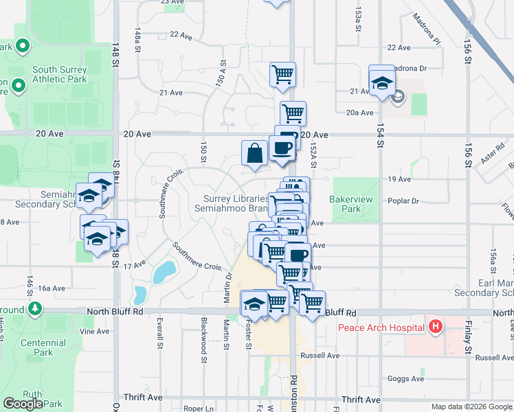 map of restaurants, bars, coffee shops, grocery stores, and more near 1840 Southmere Crescent in Surrey