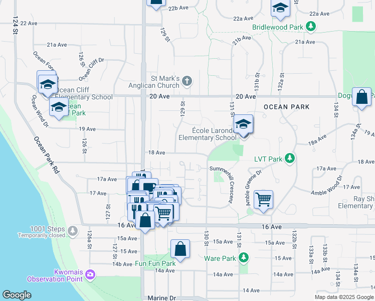 map of restaurants, bars, coffee shops, grocery stores, and more near 12939 18 Avenue in Surrey