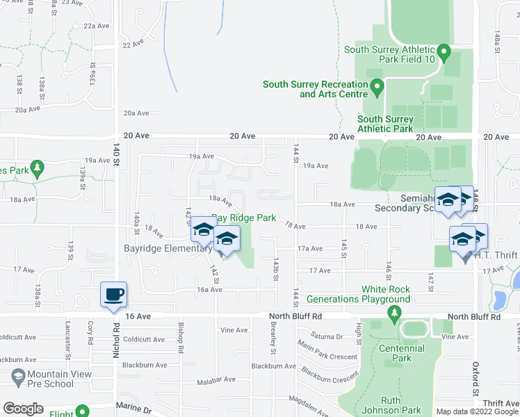 map of restaurants, bars, coffee shops, grocery stores, and more near 14323 18 Avenue in Surrey