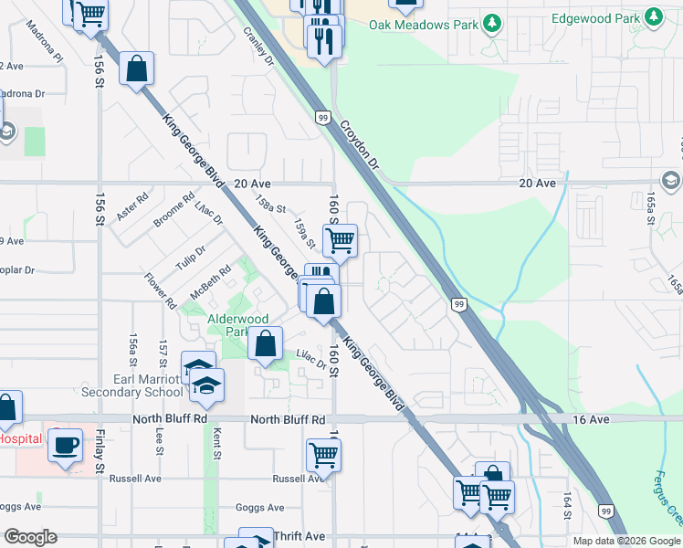 map of restaurants, bars, coffee shops, grocery stores, and more near in Surrey