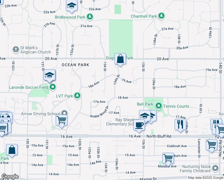 map of restaurants, bars, coffee shops, grocery stores, and more near 1837 134A Street in Surrey