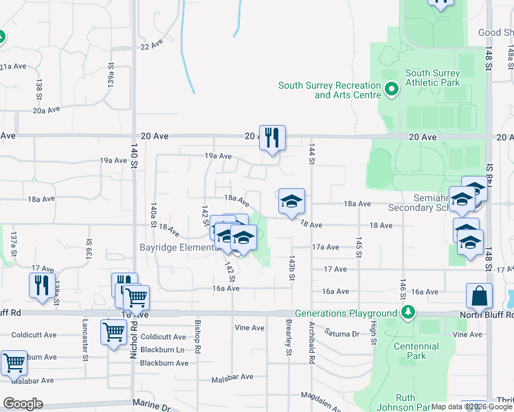 map of restaurants, bars, coffee shops, grocery stores, and more near 14271 18A Avenue in Surrey