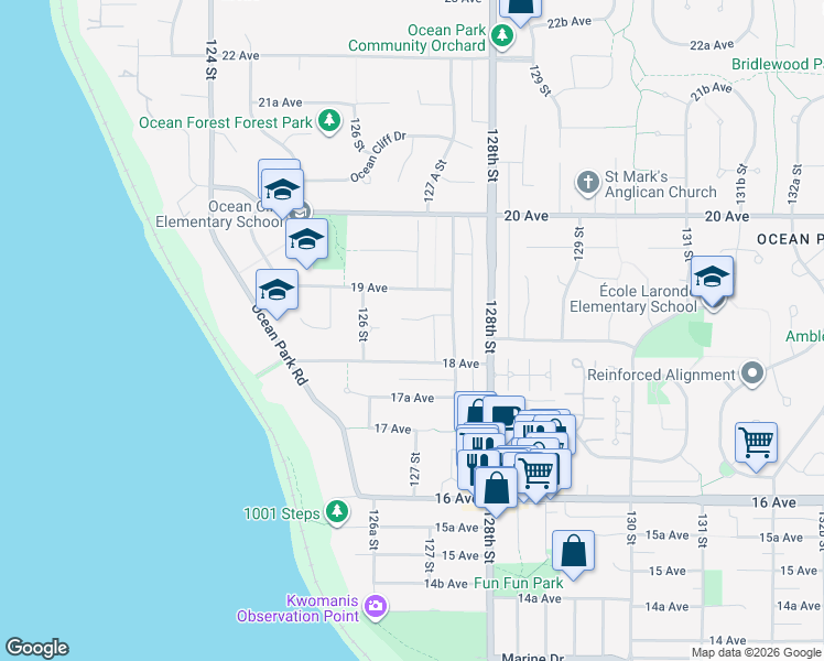 map of restaurants, bars, coffee shops, grocery stores, and more near 12688 18A Avenue in Surrey