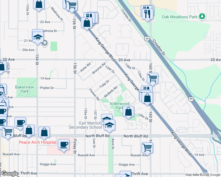 map of restaurants, bars, coffee shops, grocery stores, and more near in Surrey