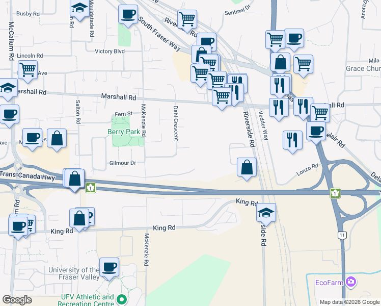 map of restaurants, bars, coffee shops, grocery stores, and more near 34158 Heather Drive in Abbotsford