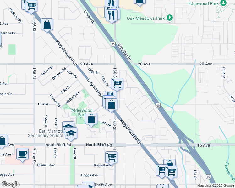 map of restaurants, bars, coffee shops, grocery stores, and more near 1840 160 Street in Surrey