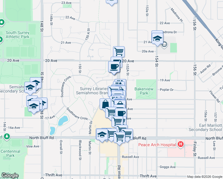 map of restaurants, bars, coffee shops, grocery stores, and more near 1850 Southmere Crescent in Surrey
