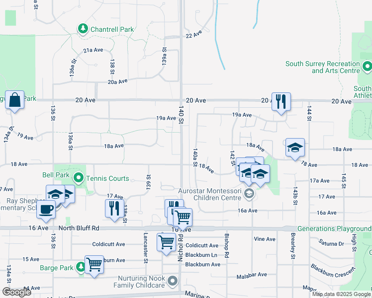 map of restaurants, bars, coffee shops, grocery stores, and more near 1856 140 Street in Surrey