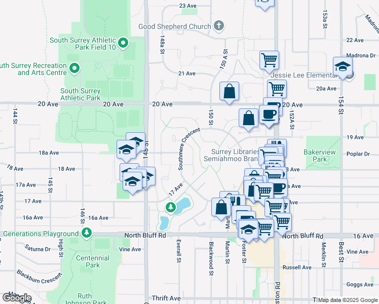 map of restaurants, bars, coffee shops, grocery stores, and more near 1854 Southmere Crescent in Surrey