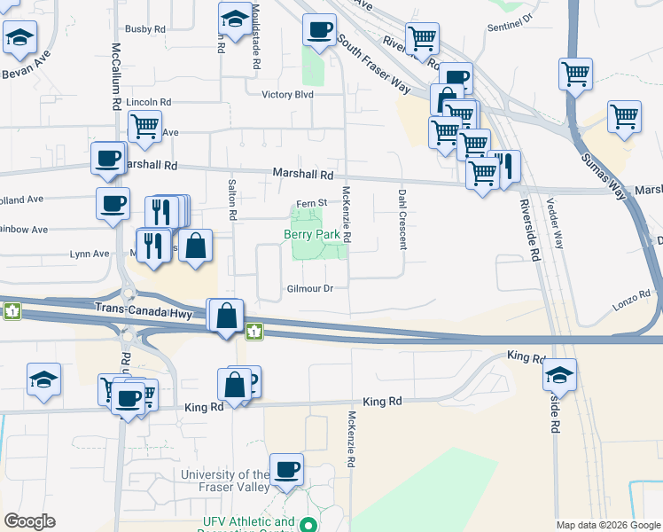 map of restaurants, bars, coffee shops, grocery stores, and more near 1887 McKenzie Road in Abbotsford