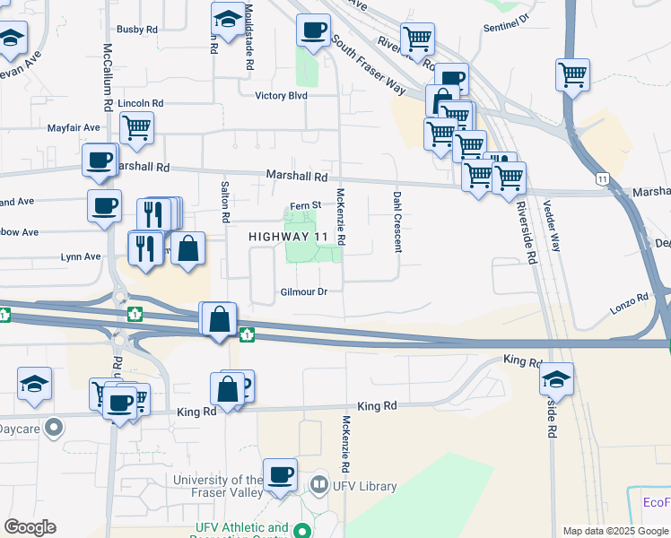 map of restaurants, bars, coffee shops, grocery stores, and more near 1887 McKenzie Road in Abbotsford