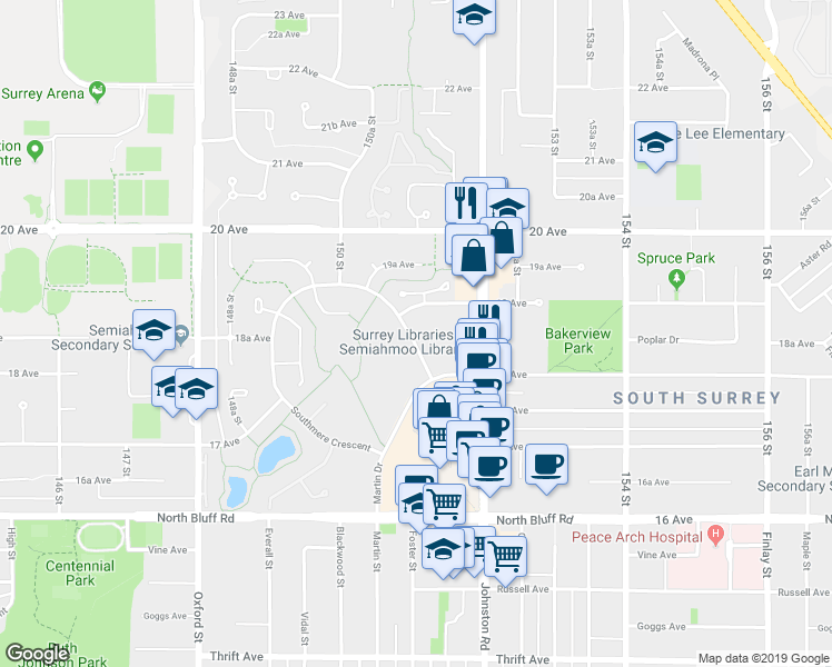 map of restaurants, bars, coffee shops, grocery stores, and more near 15136 19 Avenue in Surrey
