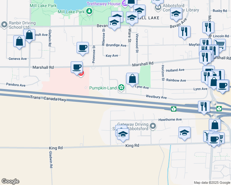 map of restaurants, bars, coffee shops, grocery stores, and more near 1869 Westbury Avenue in Abbotsford