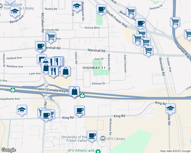 map of restaurants, bars, coffee shops, grocery stores, and more near 1831 Keys Place in Abbotsford