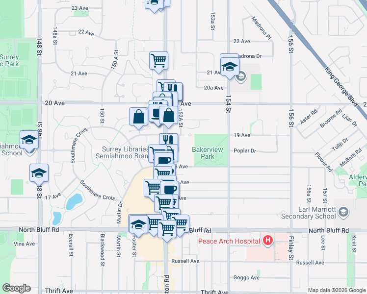 map of restaurants, bars, coffee shops, grocery stores, and more near 15313 19 Avenue in Surrey