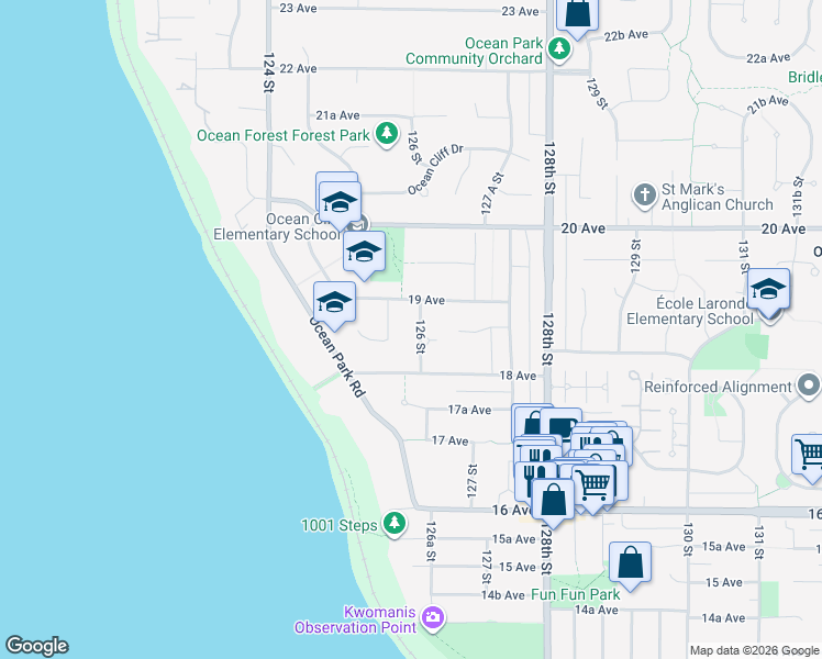 map of restaurants, bars, coffee shops, grocery stores, and more near 1857 126 Street in Surrey