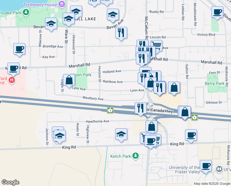 map of restaurants, bars, coffee shops, grocery stores, and more near 33460 Lynn Avenue in Abbotsford