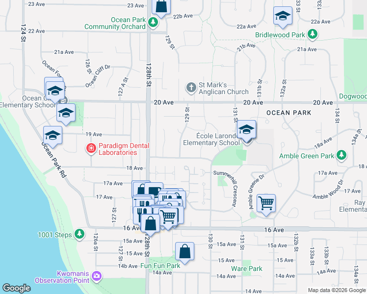 map of restaurants, bars, coffee shops, grocery stores, and more near 1854 129 Street in Surrey