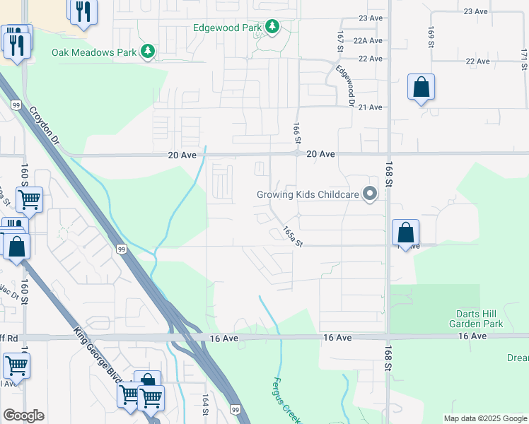 map of restaurants, bars, coffee shops, grocery stores, and more near 1871 165A Street in Surrey
