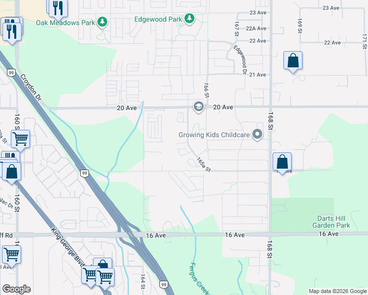 map of restaurants, bars, coffee shops, grocery stores, and more near 1871 165A Street in Surrey