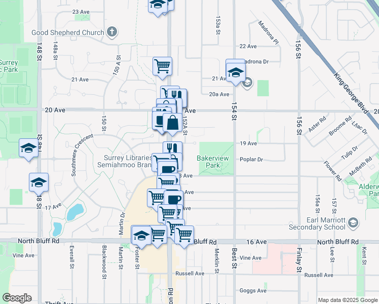 map of restaurants, bars, coffee shops, grocery stores, and more near 15282 19 Avenue in Surrey