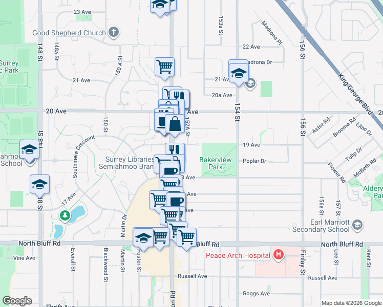 map of restaurants, bars, coffee shops, grocery stores, and more near 15313 19 Avenue in Surrey