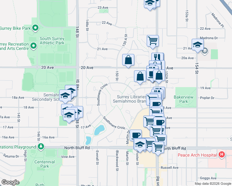 map of restaurants, bars, coffee shops, grocery stores, and more near 14996 Southmere Close in Surrey