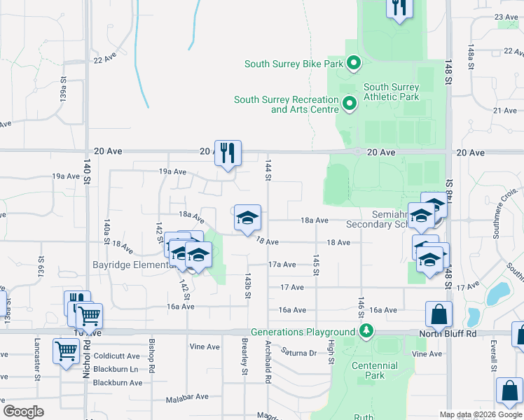 map of restaurants, bars, coffee shops, grocery stores, and more near 1881 144 Street in Surrey